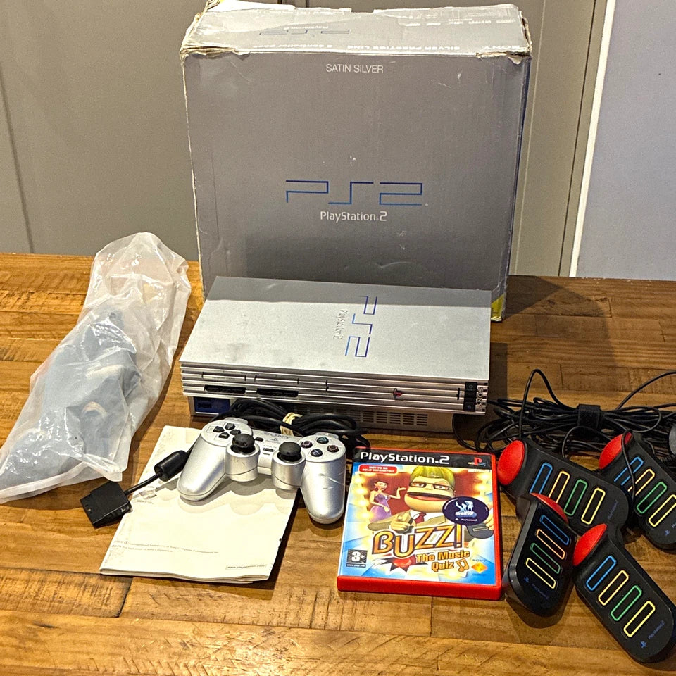Sony PlayStation 2 Satin Silver Console Boxed Bundle 2 Pads & Buzz! PS2
