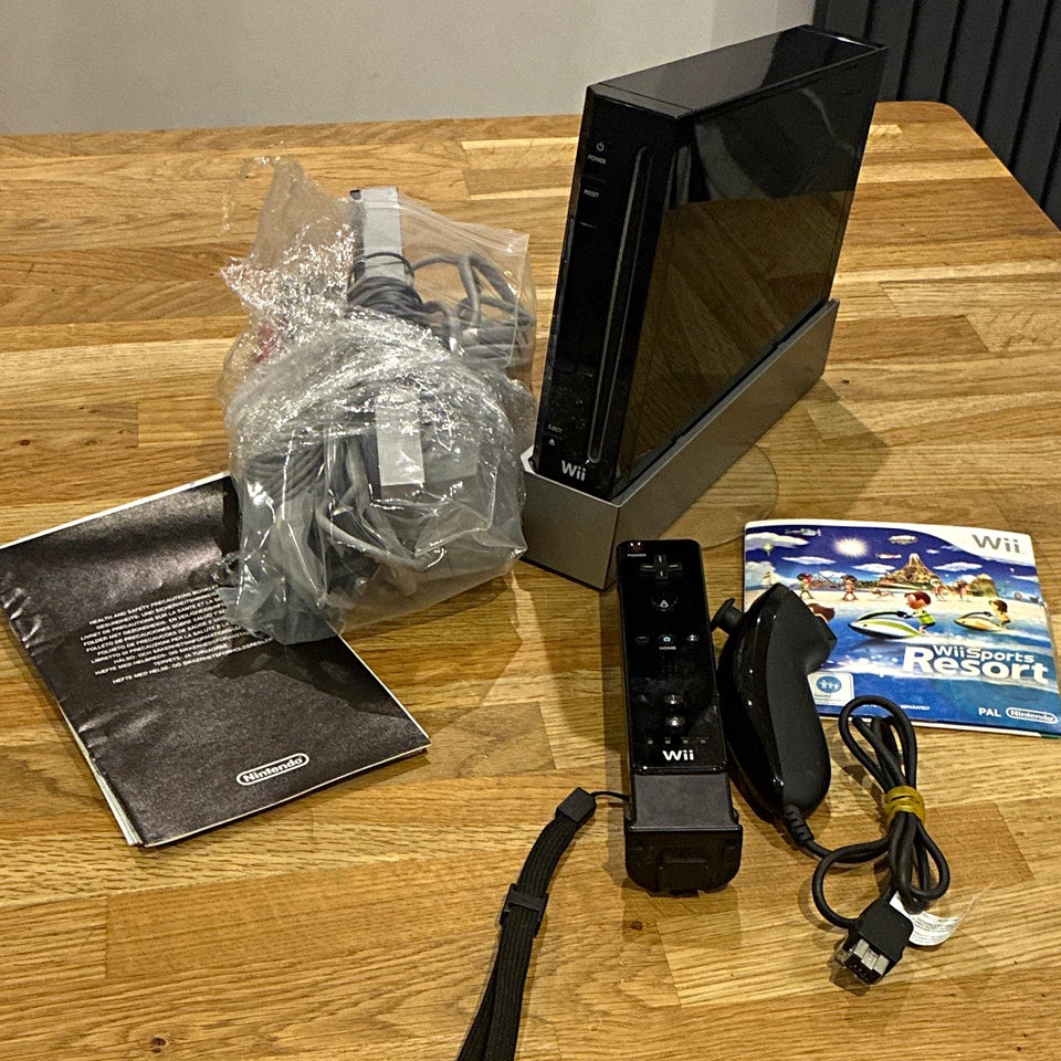 Nintendo Wii Black Console Bundle w/ Remote, Nunchuk & Wii Sports Resort Game