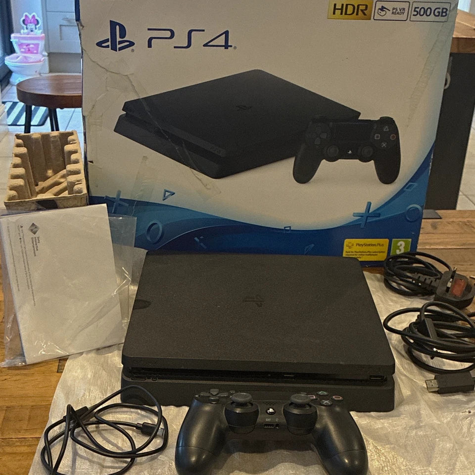 Sony PS4 Slim 500GB Black HDR Console Bundle w/ DualShock 4, Cables & Box