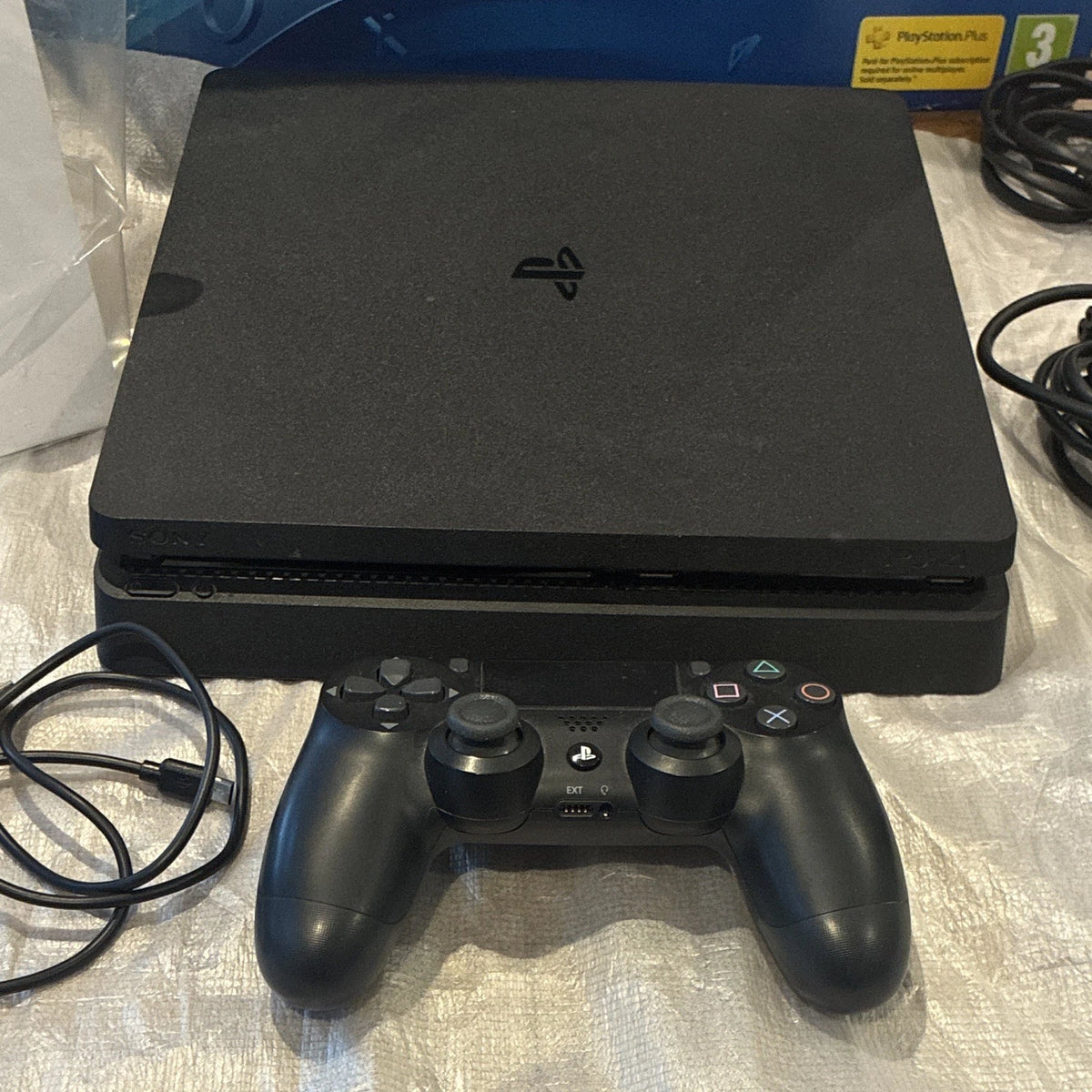 Sony PS4 Slim 500GB Black HDR Console Bundle w/ DualShock 4, Cables & Box