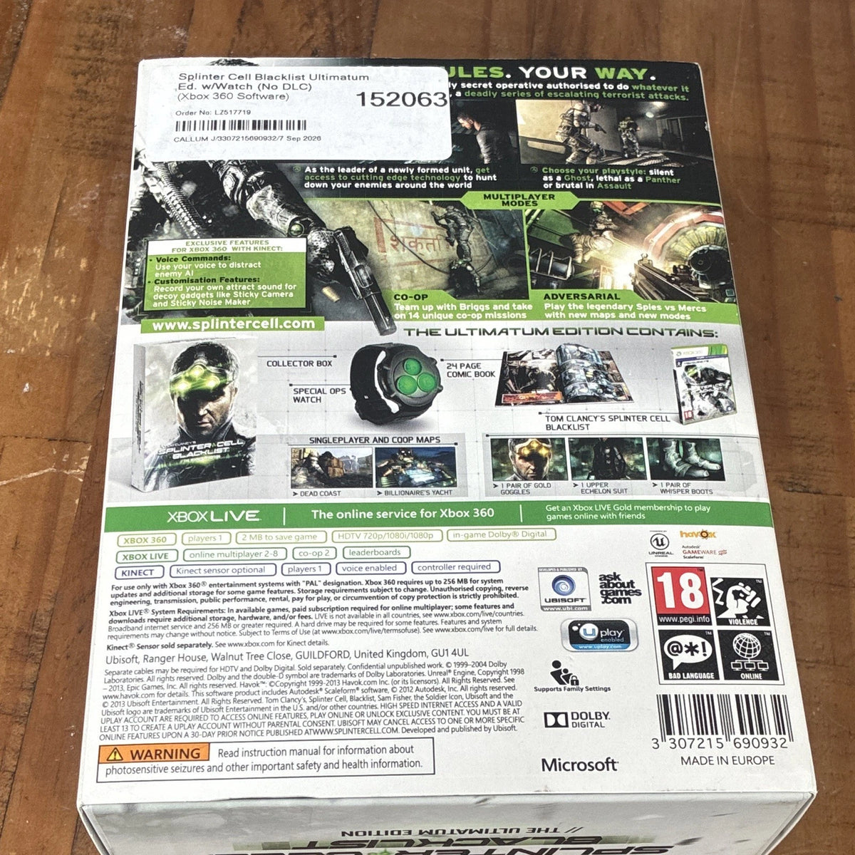 Splinter Cell: Blacklist Ultimate/Collector's Ed Xbox 360 With Comic & Watch